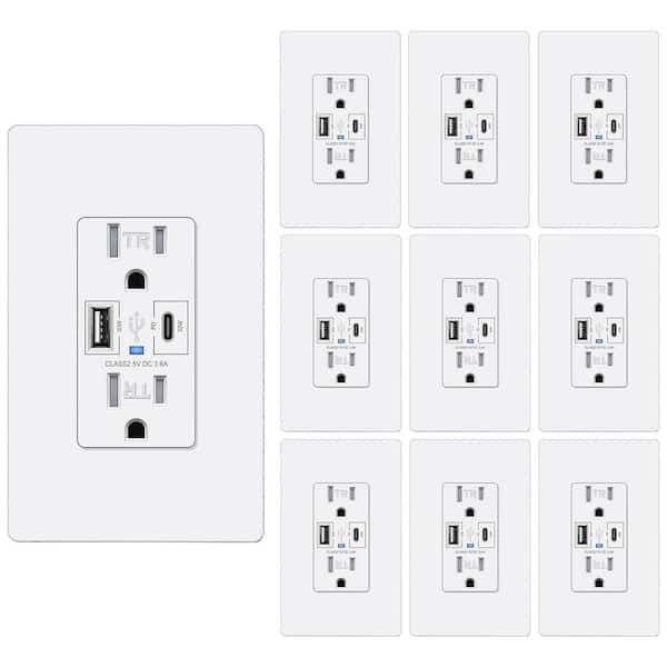 15A Tamper-Resistant Receptacle Outlet with USB-C and USB-A Port Quick Charging, Screwless Wallplate in White (10-Pack)