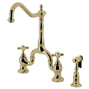 English Country Double Handle Deck Mount Gooseneck Bridge Kitchen Faucet with Brass Sprayer in Polished Brass