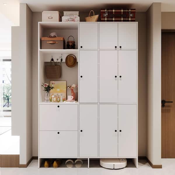 FUFU&GAGA White 86.6 in. H x 59.1 in. Width Storage Cabinet Shoe Cabinet, Bookcase with 9 Doors, 20 Shelves, 2 Drawers and 3 Hooks