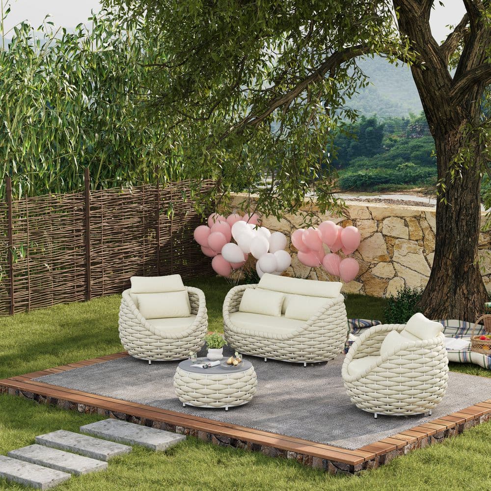 Beige 4-Piece Patio Olefin Woven Rope Aluminum Conversation Set Outdoor Seating Sofa Set with Cream Cushions price history on PriceWatchPro