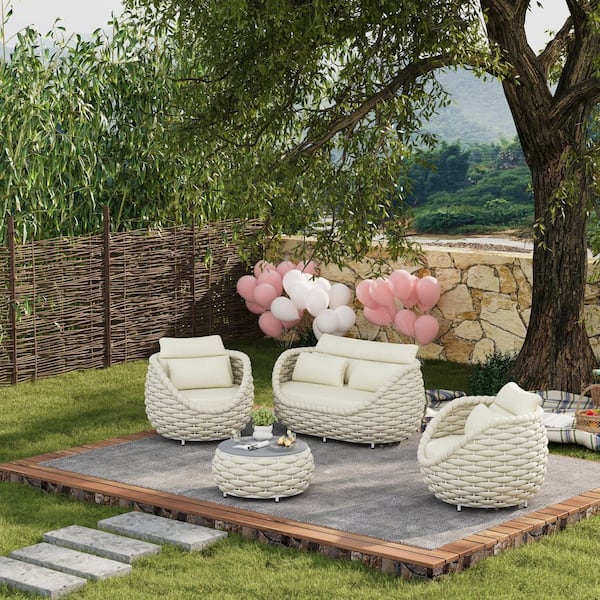 TWT Beige 4-Piece Patio Olefin Woven Rope Aluminum