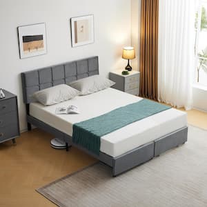 Gray Iron Frame Queen Size Platform Bed with Fabric Headboard, Storage