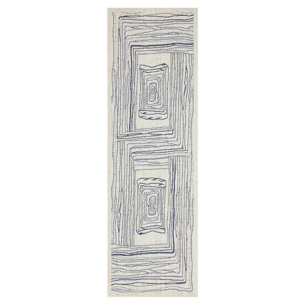 Kalina 2 ft. x 8 ft. Ivory and Blue Indoor/Outdoor Area Rug