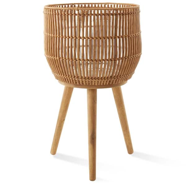 Large Natural Rattan Round Indoor Planter Basket Stand with Wood Legs for Plants and Flowers