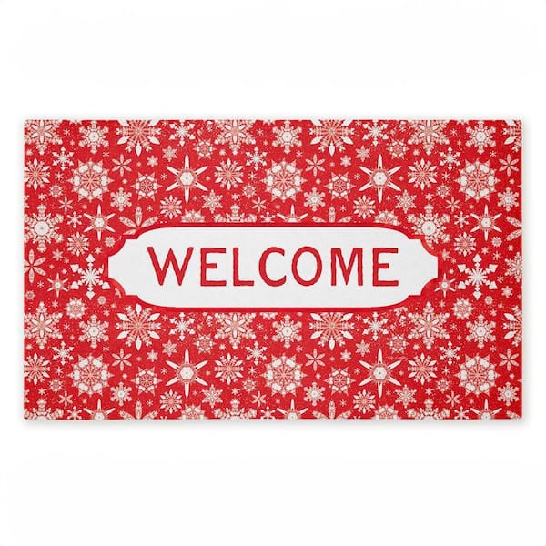 Welcome Red Snowflake Fractals Red 18 in. x 30 in. Polyester Non-Slip Outdoor Door Mat