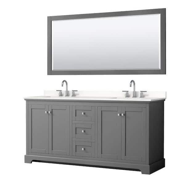 Wyndham Collection Avery 72 in. W x 22 in. D x 35 in. H Double Bath Vanity in Dark Gray with White Quartz Top and 70 in. Mirror