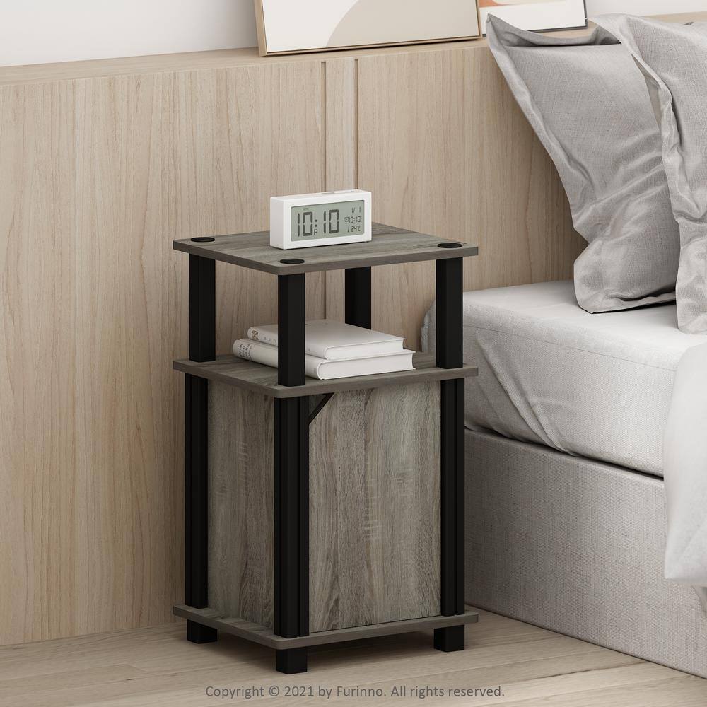 French Oak & Black Square End Table with Storage Shelf
