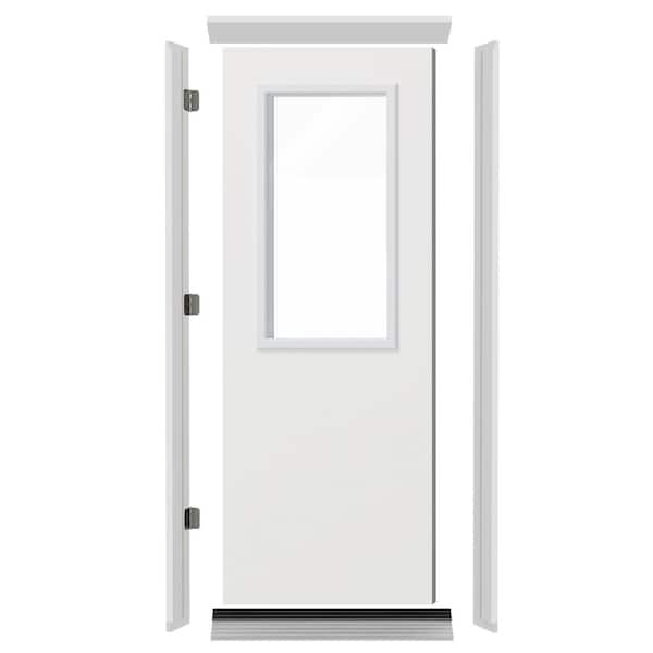 30 in. x 80 in. White Primed Half-Lite Clear Glass Wood Front Door with Door Header, Legs, Sill and Pre-Installed Hinge