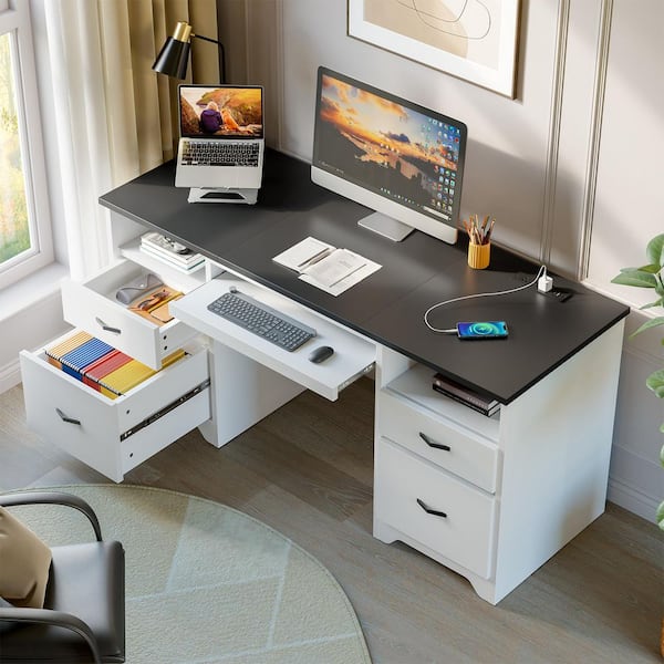 59 in. Rectangular Black White Computer Desk with Drawers and Power Outlet, Home Office Desk with Keyboard Tray