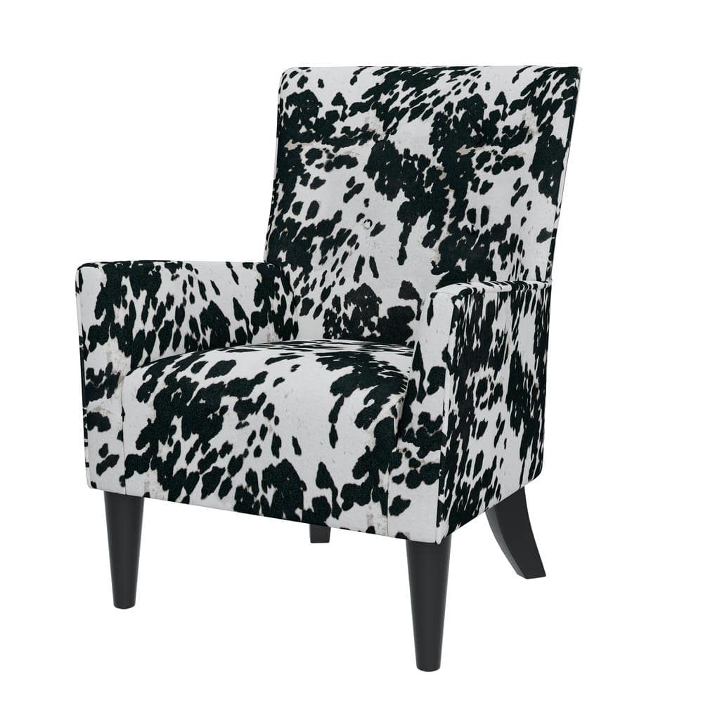 Velvet Black Cow Print Wingback Accent Chair with Flared Arms