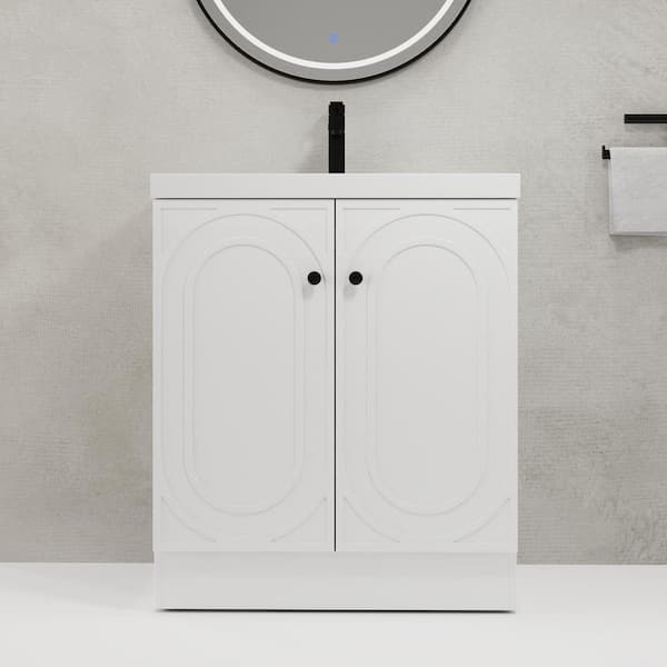 30 in. Single Sink Freestanding White Bath Vanity with White Resin Top, Adjustable Shelf, 2 Soft-Close Cabinet Doors