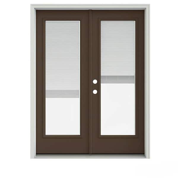 JELD-WEN 60 in. x 80 in. Dark Chocolate Painted Steel Right-Hand Inswing Full Lite Glass Stationary/Active Patio Door w/Blinds