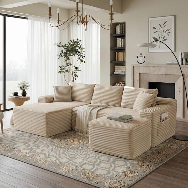 Willa 94.5 in. Square Arms 3-Piece Corduroy Modular Compressed Sectional Sofa in Camel with Ottoman, Left Arm Chaise