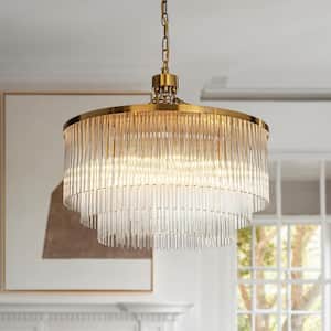 W24 in. Mid-century Modern 8-Lights 3-Tier Glam Antique Brass Round Glass Fringe Chandelier With Clear Glass Rods