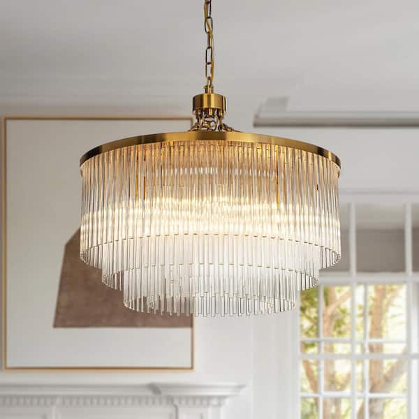 ALOA DECOR W24 in. Mid-century Modern 8-Lights 3-Tier Glam Antique Brass Round Glass Fringe Chandelier With Clear Glass Rods