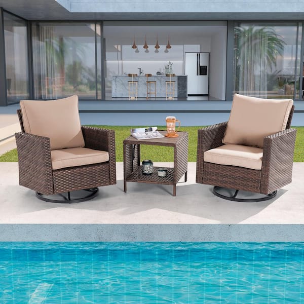 Sonkuki 3-Piece Brown Wicker Outdoor Swivel Rocking Chairs Patio Bistro Set with Side Table Sand Cushion
