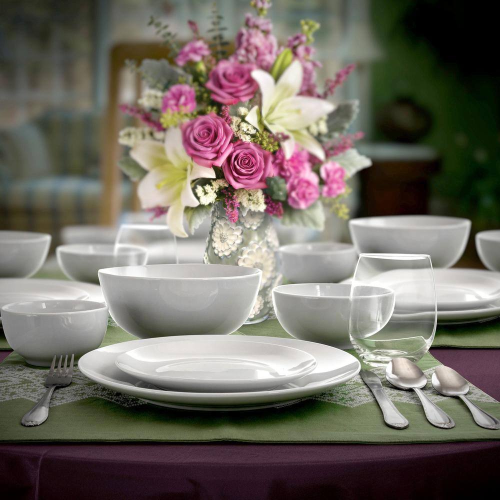 All U Need 60-Piece White Ceramic Dinnerware Set with Silver Flatware