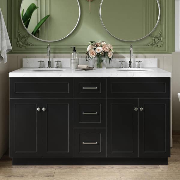 ARIEL Hamlet 60.25 in. W x 22 in. D x 36 in. H Double Sink Freestanding Bath Vanity in Black with Carrara Quartz Top