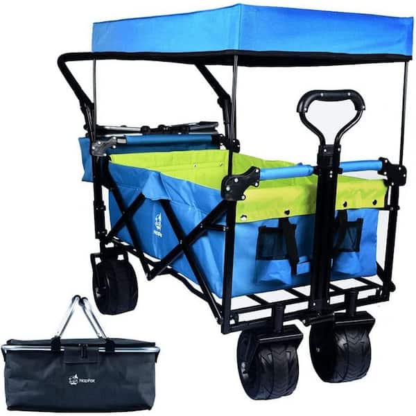 5 cu. ft. Steel Garden Cart Collapsible Wagon with Removable Canopy and Green Inner in Blue