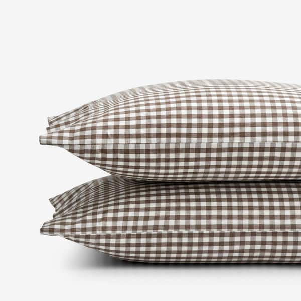 The Company Store Company Cotton Gingham Yarn-Dyed Melange Brown Plaid Cotton Percale King Pillowcase (Set of 2)