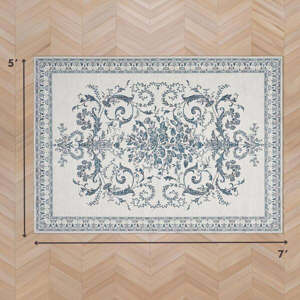 Laura Ashley Josette Medallion Chenille Sea Spray Blue 5 ft. x 7