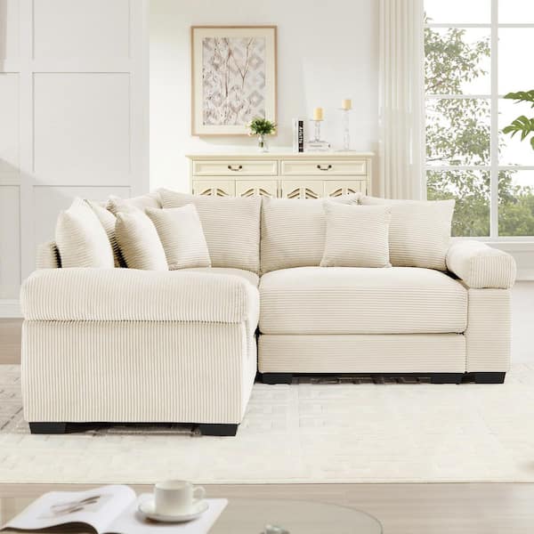 BWDRBR 79.1 in. Straight Arm 3-Piece Corduroy Modular Sectional Sofa with Ergonomic Design in Creamy Beige