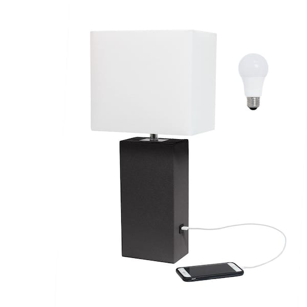 Elegant Designs 21 in. Brown Modern Leather Wrapped Table Lamp, with LED Bulb Included