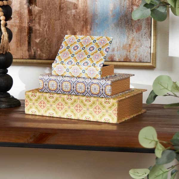 Litton Lane Rectangle Canvas Storage Book Box with Arabesque Pattern and Gold Page Inspired Detail (Set of 3)