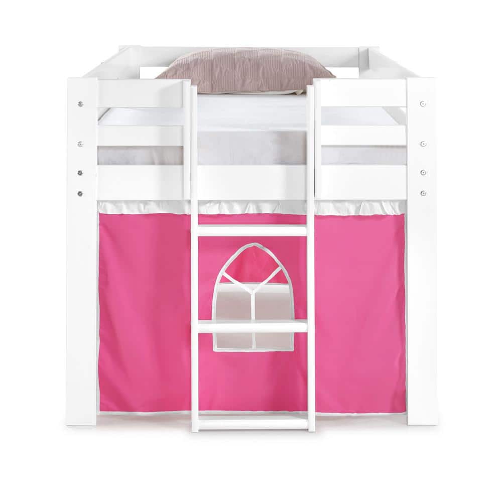 White Twin Pine Loft Bed with Pink Playhouse Tent