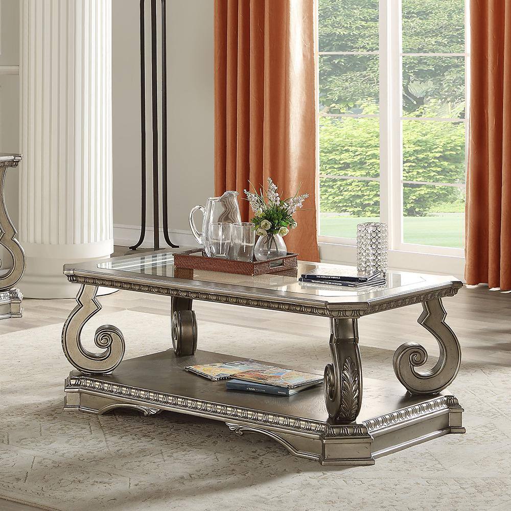 Silver Rectangular Wood and Glass Coffee Table with Storage