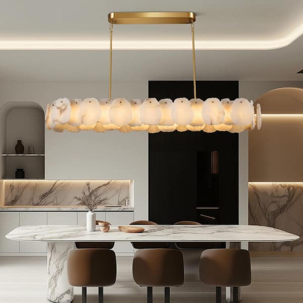 57.8 in. 1-Light Dimmable Integrated LED Brass Alabaster Chandelier, Luxury Large Marble Kitchen Island Chandelier