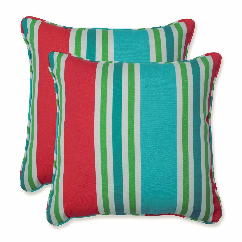 16.5" Turquoise and Coral Striped Square Outdoor Throw Pillows Set