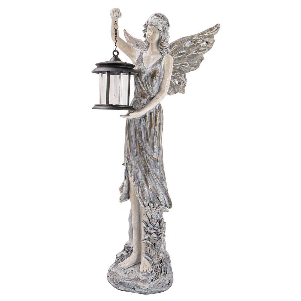 Evergreen Angel Garden Statue with Blue Light Lantern 84G3766 The