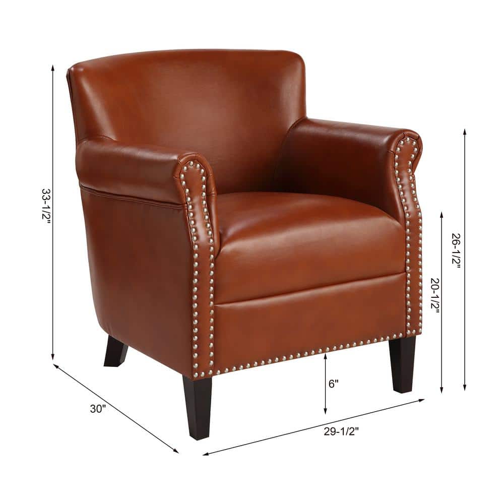Caramel Leather Club Accent Chair with Wood Frame