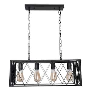 LIBERTAB 4-Light Linear Farmhouse Black Cage Kitchen Island Dining Room Chandelier Pendant with Rectangle Frame