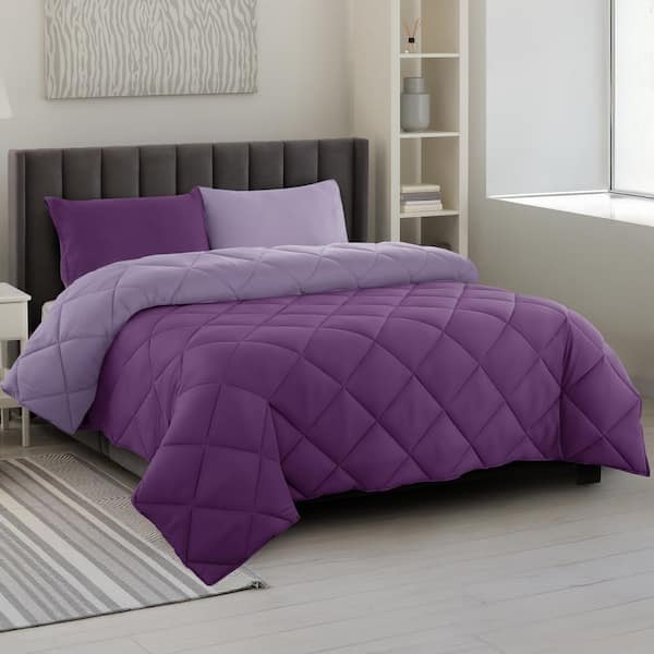 3-Piece Medium Warmth Reversible Purple Down Alternative King Comforter