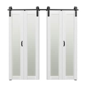 72 in. x 84 in . （36"X 2）Bi-Fold 1-Lite Frosted Glass MDF White Solid Core Double Sliding Barn Door with Hardware Kits .