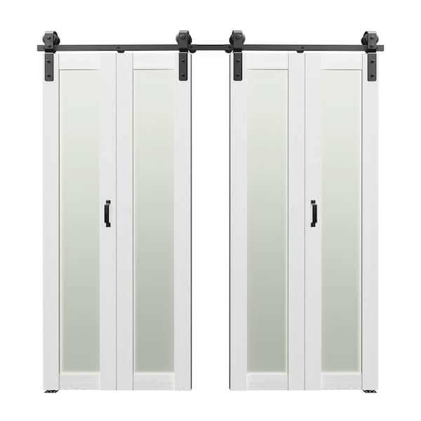 72 in. x 84 in . （36"X 2）Bi-Fold 1-Lite Frosted Glass MDF White Solid Core Double Sliding Barn Door with Hardware Kits .