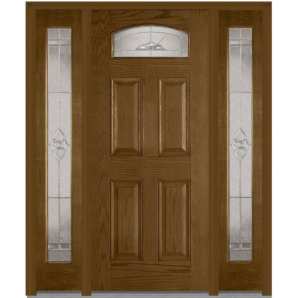 MMI Door 64 in. x 80 in. Master Nouveau Right-Hand Cambertop Decorative Stained Fiberglass Oak Prehung Front Door with Sidelites