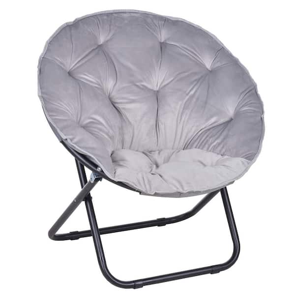 Folding Moon Chair with Faux Fur Seat, Gray Saucer Chair for Teens, Adults No-Assembly Accent Chair for Bedroom or Dorm