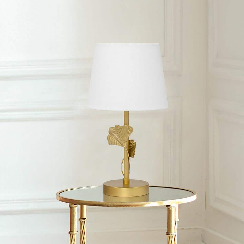 Set of 2 Gold Metal Table Lamps with White Fabric Drum Shades