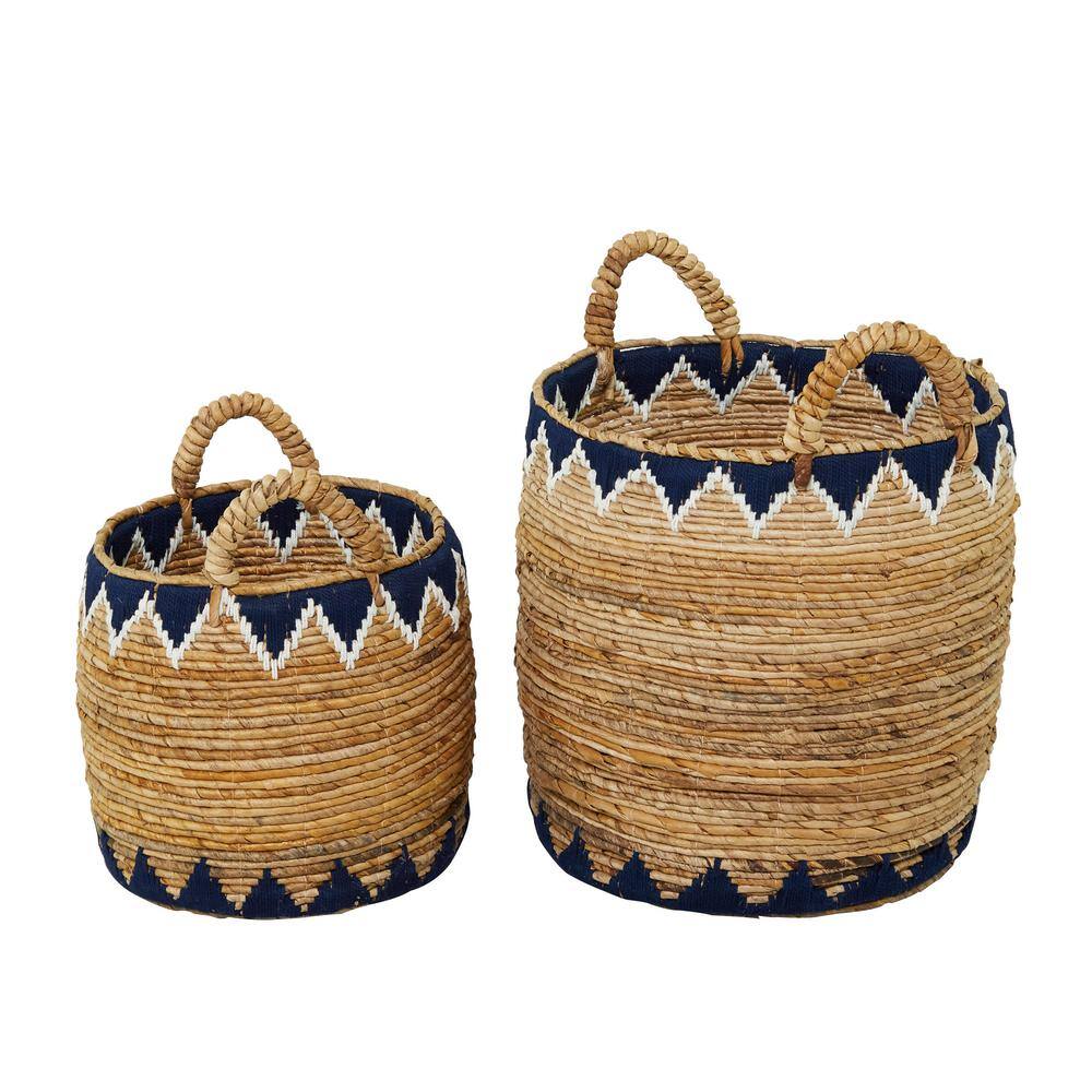 Natural Brown and Blue Wicker Round Storage Baskets with Handles