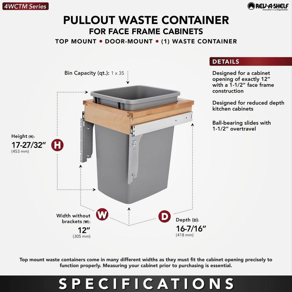 Gray Plastic Pull-Out Trash Can with Adjustable Mounting Brackets
