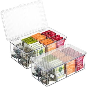 2 Pack Clear Plastic Storage Bins with deviders and Lids for fridge and Pantry Stackable organizer set