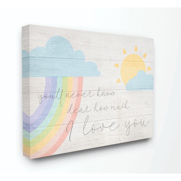 Stupell Industries 16 in. x 20 in. "How Much I Love You Rainbow Clouds and Sun on Planks" by Daphne Polselli Canvas Wall Art