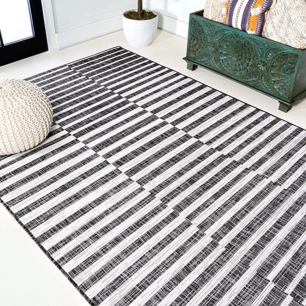 Ivory and Black Stripe Synthetic 8' x 10' Easy-Care Rug