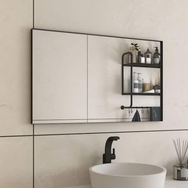 55 in. W x 30 in. H Rectangular Aluminum Framed Wall Bathroom Vanity Mirror in Black
