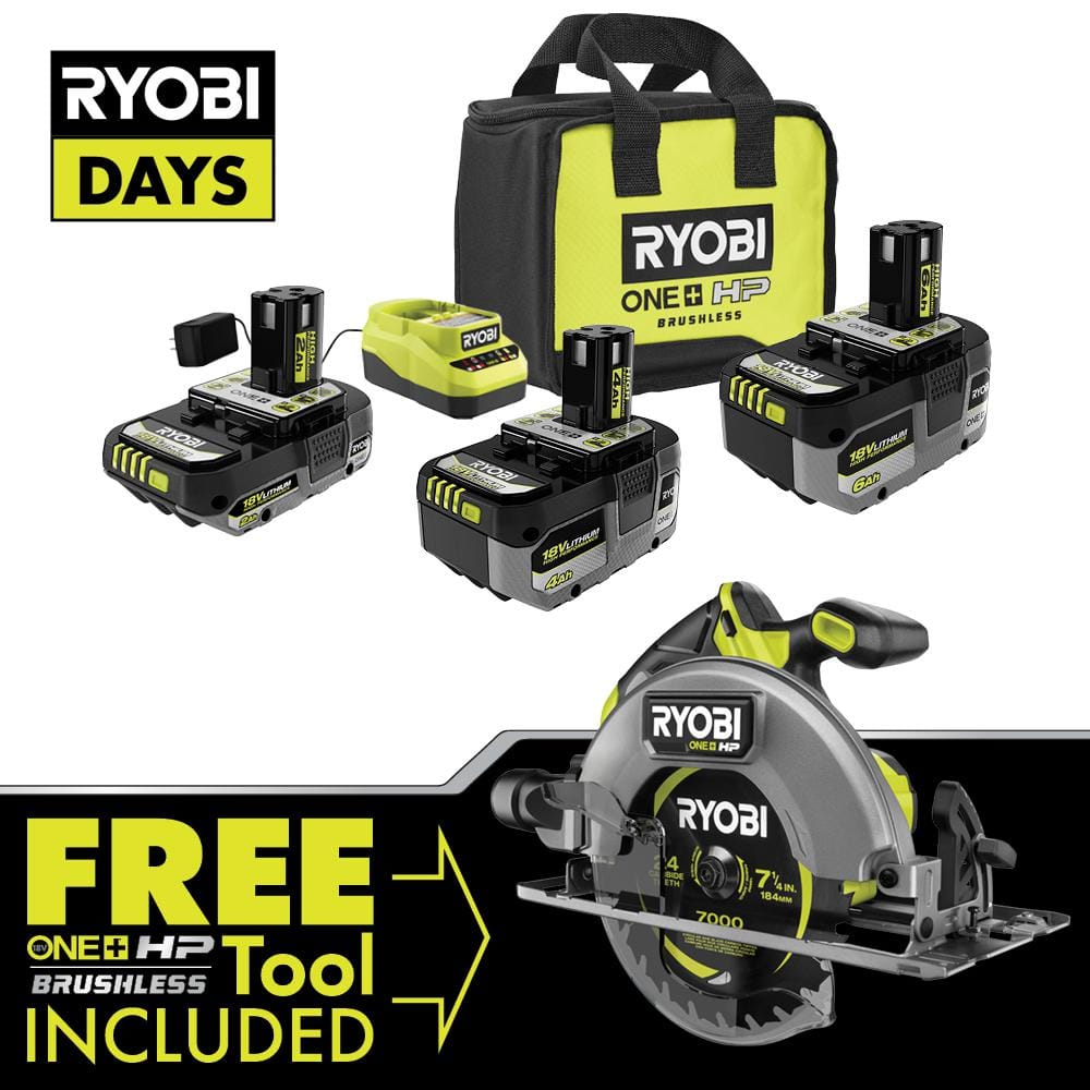 Ryobi ONE+ 18V Lithium-Ion 2.0 Ah, 4.0 Ah, and 6.0 Ah High Performance Batteries and Charger Kit w/ HP Brushless Circular Saw