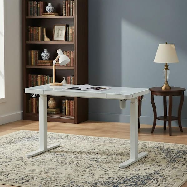 Homy Casa AIE 48 in. Ice White Glass Electric Standing Desk with Wireless Charger, Drawer and Memory Height Presets