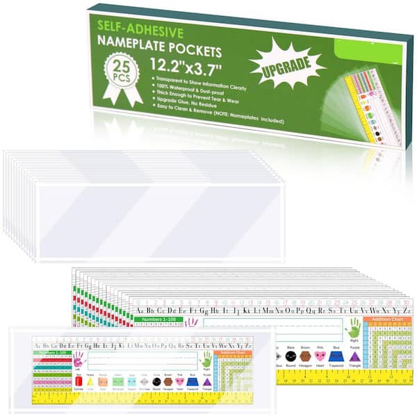 25-Pack Self Adhesive Desk Nameplate Pocket Set with Matching Name Tags, Clear Plastic Sleeves for Classroom